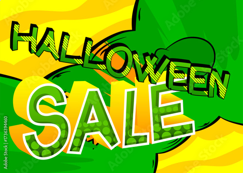 Modern creative pop art vibrant comic book style Halloween Sale text. Cartoon design.