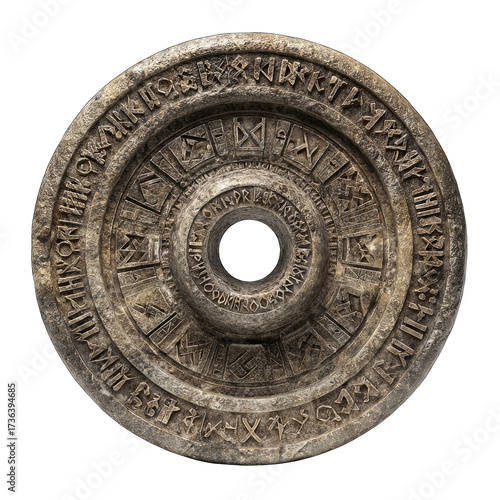 Circular stone disc, intricately carved with symbols