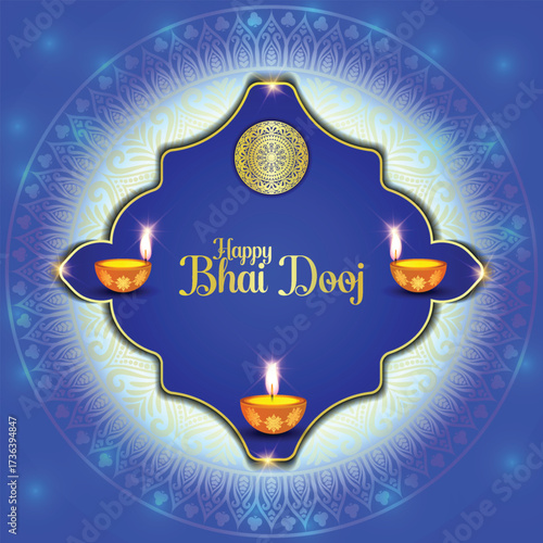 Happy Bhai Dooj invitation flyer with decorative elements like mandala, Diya, glowing background, Indian Cultural event of Bhai Dooj poster for your design, easily editable vector illustration