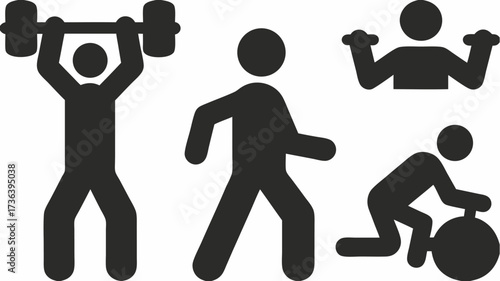 Diverse fitness activities showcase strength, balance, and cardio workout routines for healthy lifestyle promotions and gym marketing materials