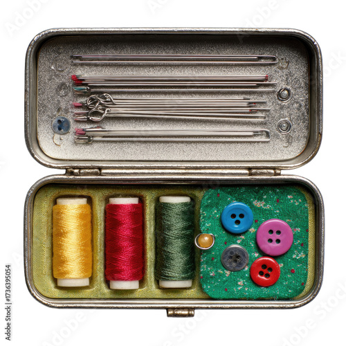 Metal sewing kit with colorful threads and needles
