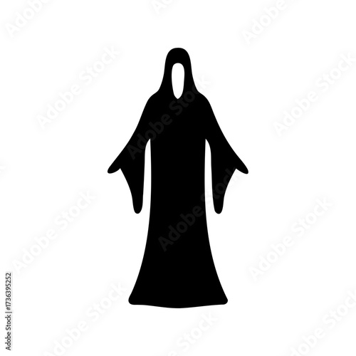Silhouette of a spectral figure in a robe standing alone on white
