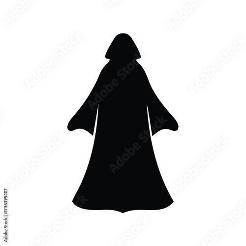 Silhouette of a hooded figure, perhaps a wizard, in black and white