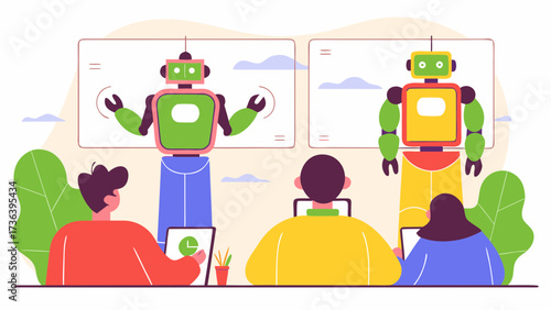 Illustration of people attending a presentation given by two robots in front of whiteboards with clouds on transparent background silhouette