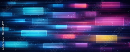 A vibrant digital abstract background featuring colorful, elongated shapes moving swiftly against a dark backdrop, creating a sense of motion and energy.