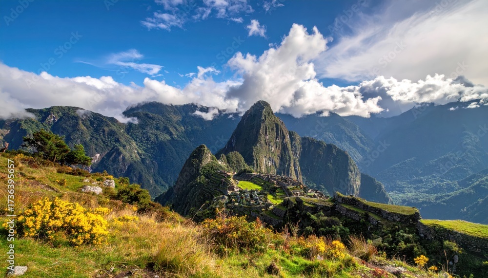 Obraz premium Majestic mountain landscape featuring a lush green foreground with yellow wildflowers under a vibrant blue sky filled with fluffy white clouds; ancient stone structures are nestled amongst the peaks.