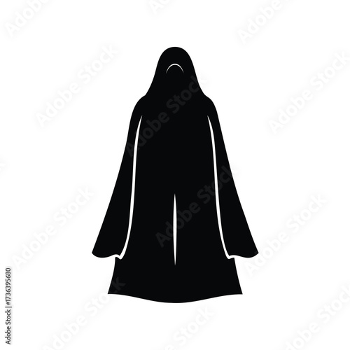 Mysterious black silhouette figure standing on a white background, spooky and cloaked