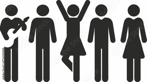 Dynamic group of stylized people, one playing guitar, another celebrating success, showcasing diversity, togetherness and community spirit, originally a scalable graphic