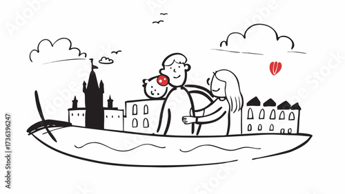 A couple riding in a boat with a baby in front of a city skyline and a heart shaped balloon up high on transparent background silhouette