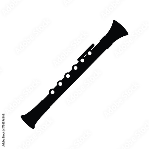 Black silhouette of a clarinet, a musical instrument, on a white background