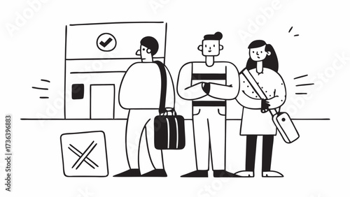 People standing near a building with check mark and cross mark in black and white illustration style on transparent background silhouette