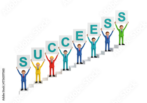 Businessmen climbing stairs holding letters spelling success isolated on transparent background