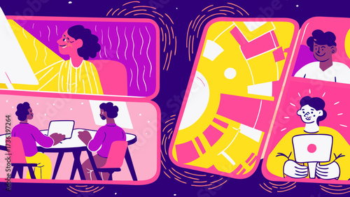 Illustration showing multiple people in video conference call with distinct backgrounds and bright colors on transparent background silhouette