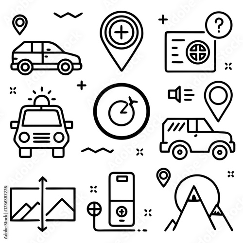 Outline icons depicting cars, locations, mountains, and other elements on a white background on transparent background silhouette