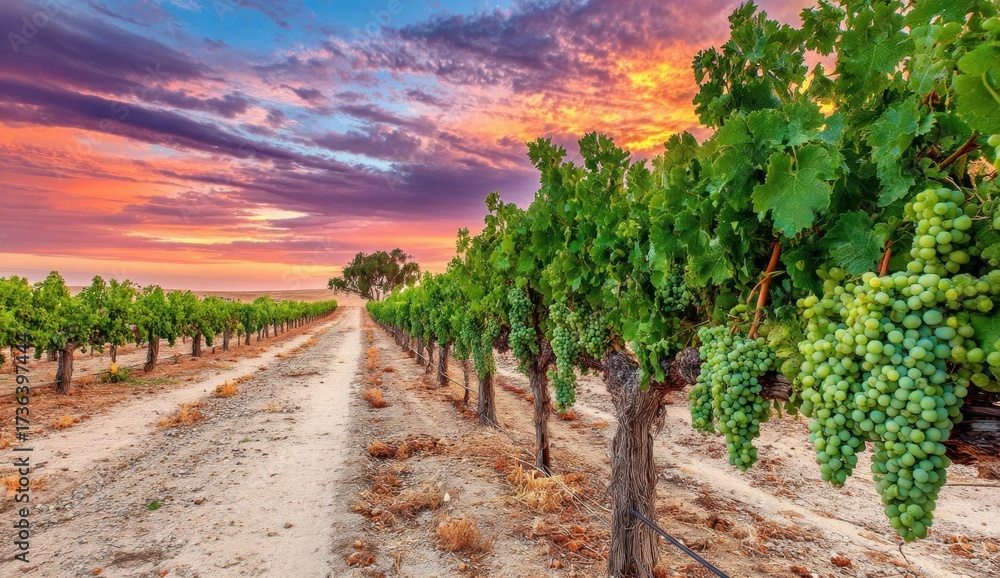 Naklejka premium A picturesque vineyard landscape at sunset, showcasing lush green grapevines laden with ripe, vibrant white grapes along a dirt road, framed by a colorful, dramatic sky.