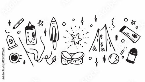 Hand drawn doodle illustration featuring camping gear musical instruments and other random objects in black and white on transparent background silhouette