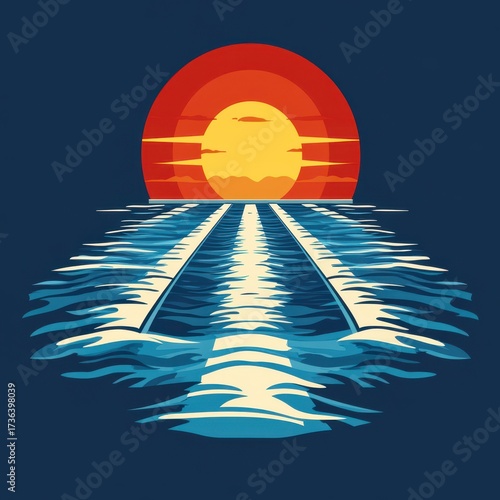Sunset over water with boat wake carving through calm ocean waves at dusk