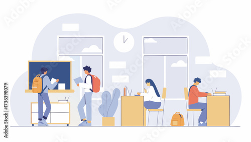 Students in classroom with backpacks studying at desks near blackboard and windows in a light filled room on transparent background silhouette