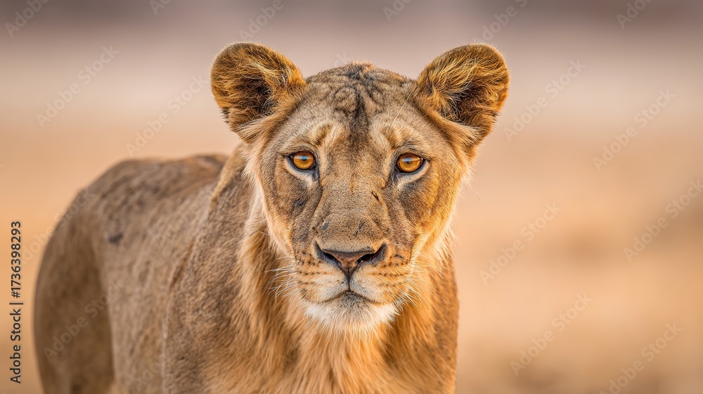 Obraz premium ferocity. Lioness with a focused gaze and detailed fur, bathed in golden savanna light with a natural habitat backdrop. wildlife magazines.
