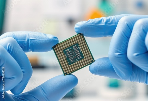 Obraz na płótnie Hands hold a microprocessor chip in blue nitrile gloves for precision