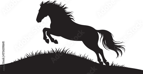 Black silhouette of a horse jumping over grass on a white background vector