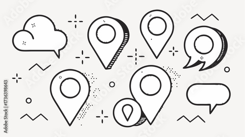 Find your way with these hand-drawn location pins and speech bubbles, perfect for maps, social media, and web design to enhance user experience!