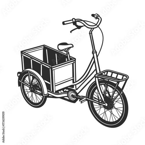 Hand-drawn illustration of a cargo tricycle, a three-wheeled bicycle designed for transporting goods with a large storage box at the front
