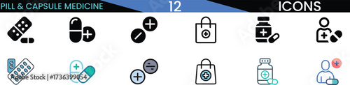 Collection of medical pill capsule and pharmacy icons symbols representing health vector