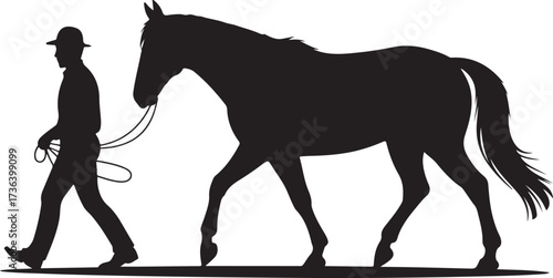 Black silhouette of a man in a hat leading a horse walking