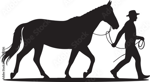 Black silhouette of a man walking a horse on a white background vector