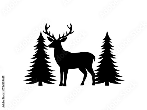 deer with pine trees and forest scenery silhouette vector