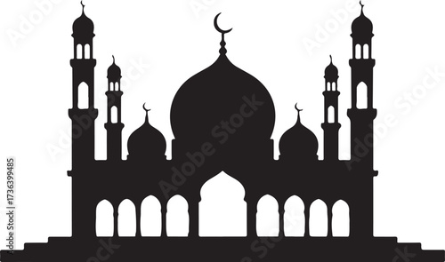 Black silhouette of a mosque with domes and minarets against a white background Islamic architecture