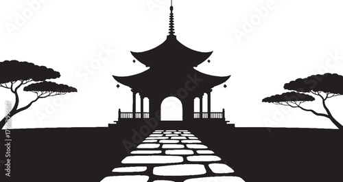 Black silhouette of a multi-tiered pagoda building with a stone pathway and trees temple architecture