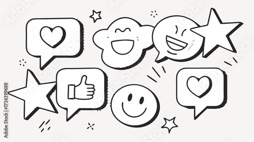 Engaging social media doodle icons expressing love, smiles, and positive feedback for branding, content creation, or digital marketing campaigns