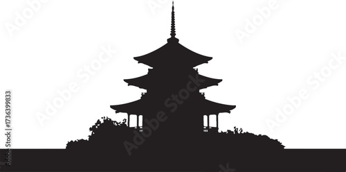 Black silhouette of a multi-tiered pagoda building with decorative rooflines and surrounding foliage against a white background