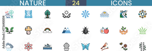 Collection of 24 nature icons representing seasons flora fauna weather and more vector