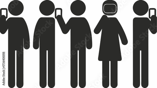 Group of people communicating with mobile devices and one wearing a futuristic helmet, symbolizing connection, technology, and innovation in modern society