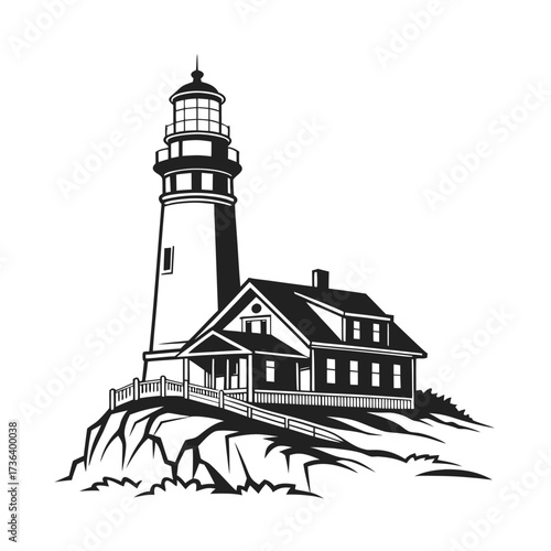 Black and white illustration of a lighthouse perched on a rocky cliff overlooking the sea, symbolizing guidance and safety