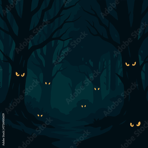 Mysterious forest at night with glowing eyes peering from the dark trees
