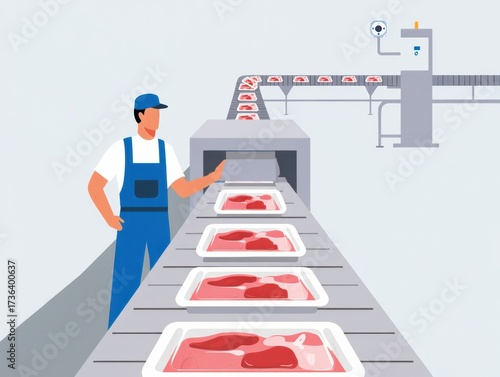 Factory conveyor line with meat trays in a clean production setting.