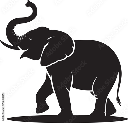 Black silhouette of an elephant walking with trunk raised white animal
