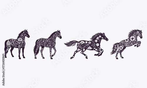 Four horses in different poses, each adorned with intricate floral patterns.