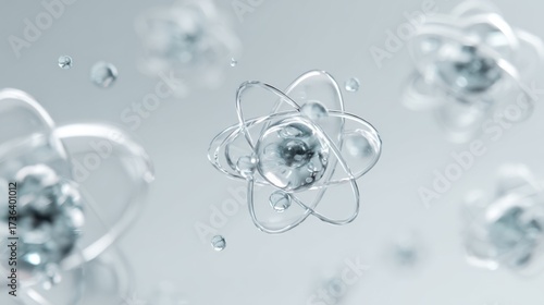 Crystal-clear atom models floating on a soft white gradient, abstract design concept for medical, skincare, and cosmetic technology