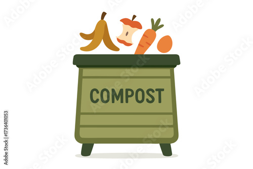 Cartoon Compost Bin with Food Scraps Promoting Sustainable Practices and Recycling