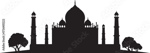 Black silhouette of Taj Mahal monument with minarets and trees against white background India architecture