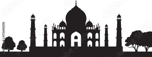 Black silhouette of Taj Mahal monument with trees and minarets India architecture