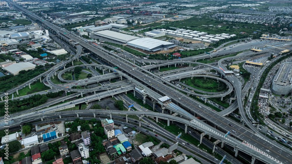 Naklejka premium Burapha Withi Expressway, Industrial Ring Road, Bangna Intersection, Routes, motorway hightway intercity connections for transportation, Bangkok Thailand,