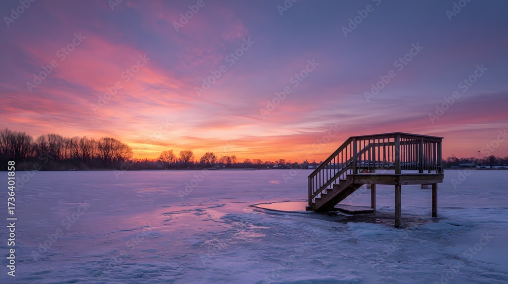 Fototapeta premium Picturesque sunrise bathes the frozen lake in hues of pink, orange, and purple, a wooden dock structure stands on ice with a background of trees silhouetted against the horizon.