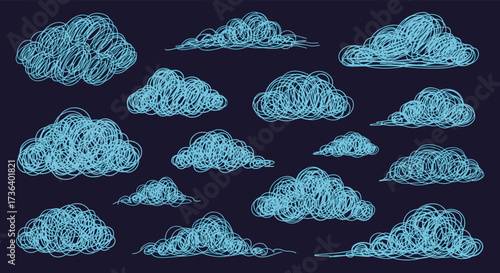 Set of hand drawn doodle clouds in various shapes and sizes.