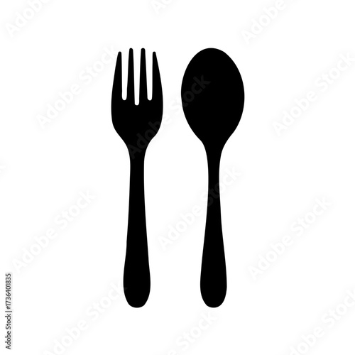 Black silhouette depiction of a fork and spoon on a white background